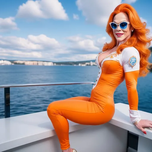 Prompt: Imagine a photo of Elton John dressed as a Gorgeous ultra-muscular (Caucasian) Finnish Drag queen bodybuilder, aged 25, ridiculously long wavy light orange hair, stockings, dolphin pants, 8 inch stiletto high heel shoes, sophisticated, lawyer, doctor, rich, classy, button up blouse, uhd, realistic, 4k, 8k, full body, ripe