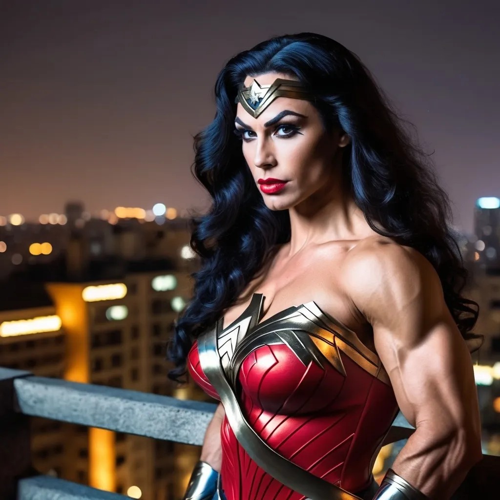 Prompt: Gorgeous muscular 35-year-old Israeli drag queen bodybuilder (strong masculine jawline and brow facial features) with large busom and ridiculously long wavy black hair, dressed as Wonder Woman (DC Comics Character), standing on the ledge of a building at night.