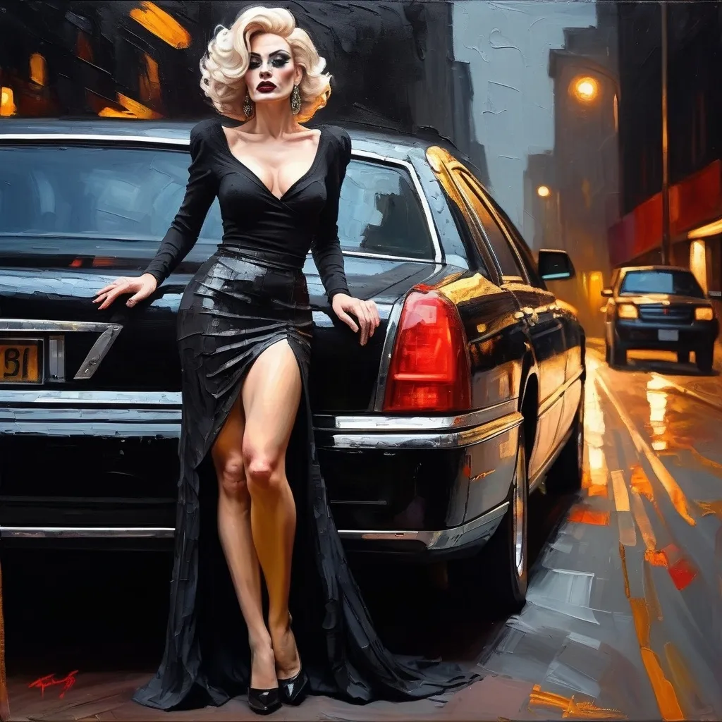 Prompt: (thick impasto oil painting), gorgeous yet sad 35-year-old French drag queen (in tight black skirt), leaning against a long black limousine car, profile view, looking to one side, rich texture of thick bumpy paint strokes, dramatic lighting, moody ambiance, emotional depth, high detail and color contrast, evocative scene, sophisticated background.