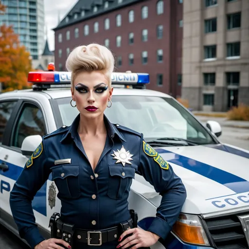 Prompt: A gorgeous muscular 25-year-old Czechian drag queen with huge busom and dark is in a cinematic scene. 



She is standing in front of a Canadian police patrol car.



She  is wearing a Quebec police uniform.



She is wearing a Canadian police uniform.


Her Police uniform has Canadian flag patches on it.



She is in the middle of the image.



She is looking at the camera.



She police uniform suit is clean.



She is fully clothed. We do not see any skin of her body.


She  is wearing utility gloves. 



Her Hands are totally covered and have to be normal with five fingers in the five fingers of the utility glove.