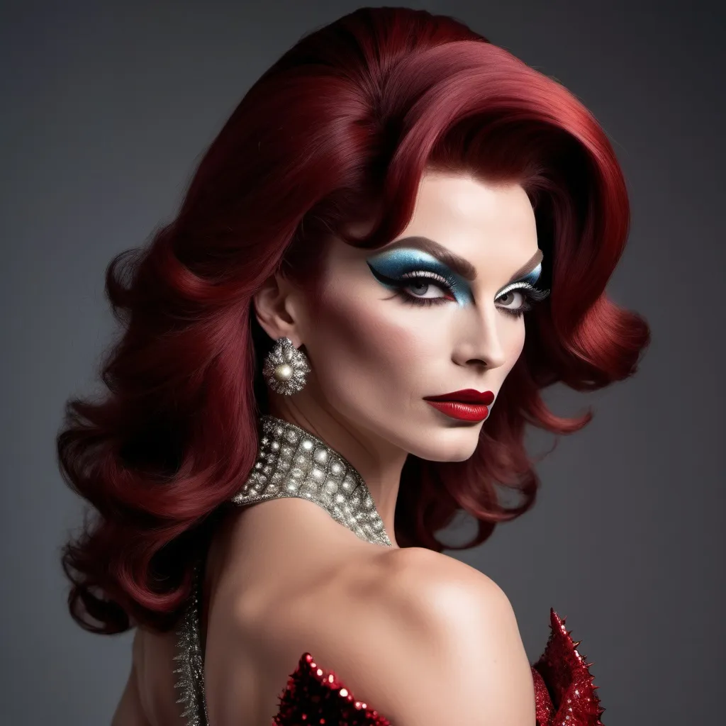 Prompt: Imagine Jack Palance dressed up as A gorgeous ultra-muscular 25-year-old French drag queen bodybuilder with short spiky swept over dark red hair (in a stunning long shaped Moschino dress), capturing an elegant poise, set against a glamorous backdrop, rich colors blended into a high contrast scene, soft ambient lighting highlighting the dress details, stylish accessories enhancing the royal aesthetic, flowing fabric, luxurious textures, surrounded by a warm and inviting atmosphere, high definition, ultra-detailed, fashion photography.