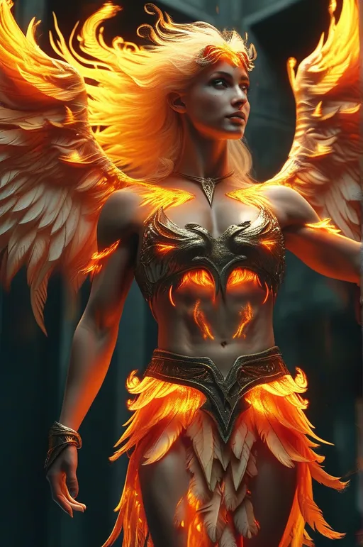 Prompt:  a flaming phoenix hovers overtop a 25-year-old muscular goddess. The 25-year-old goddess has clothes made of flames from the Phoenix and looks like a phoenix as a 25-year-old goddess. Full length. Muscular. Large busom.