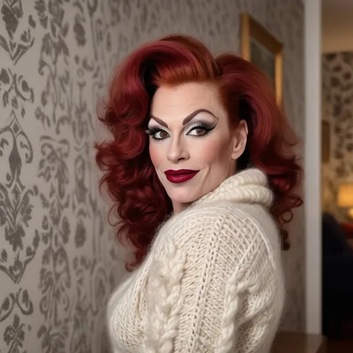 Prompt: Gorgeous muscular 35-year-old red-headed French drag queen in a modern home, against a wall with wallpaper and furniture background
wearing long cable knitted angora mohair sweater , (extremely fluffy:1.8) angora mohair sweater, from side, looking at viewer, smile, (full lips:1.8), dark red lipstick, daek eyeliner, dark makeup, 8k, very detailed, green eyes, very detailed eyes,
source_real, raw, photo, amateur, french drag queen, Close-Set Eyes, [eyecolors violet], full lips, high cheekbones, weak receding chin, burgundy, lob, light blue, lip gloss, __15JeweleryMaterials__ __14Piercing__, large busom,  gorgerous, outdoor, portrait, , highly detailed, detailed skin, depth of field, film grain
(photorealistic) (bokeh) (intricate details) (cinematic lighting) (sharp focus)
