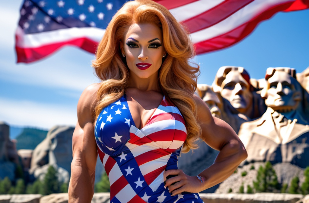 Prompt: Design a high-definition 64k live action digital photograph of a Gorgeous ultra-muscular 25-year-old caucasian Mid-Western drag queen bodybuilder with huge busom and ridiculously long wavy strawberry-blonde hair (((blowing in the wind))),  wearing a beautiful American Flag Dress and 8 inch stiletto high heel shoes, Mount Rushmore Background in the morning.