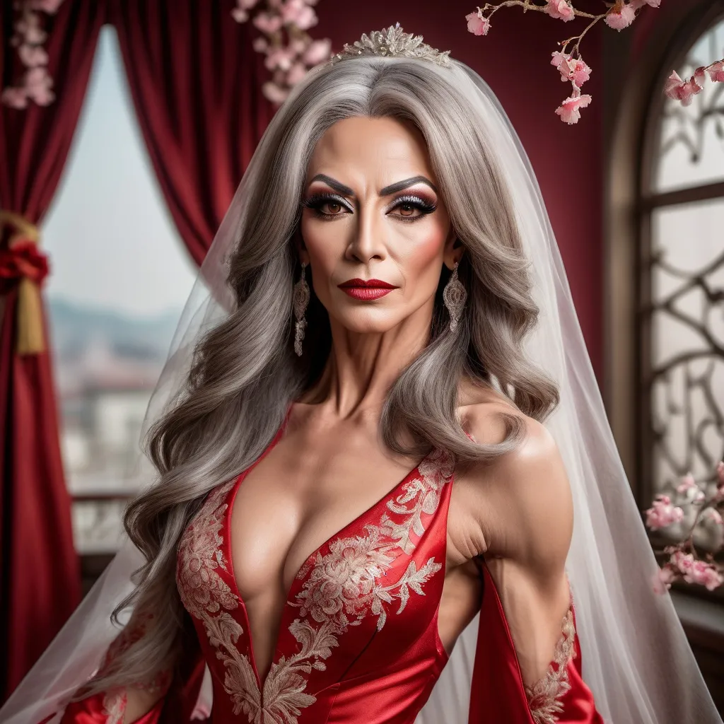 Prompt: A gorgeous muscular 45-year-old Bulgarian drag queen (strong masculine jawline and brow features) with long luscious graying hair wearing (breathtaking red oriental dress), (exquisite bride), radiant beauty, exquisite lace and satin details, flowing train adorned with delicate embroidery, beautiful soft natural lighting, romantic ambiance, lush blossom background, high-resolution, ultra-detailed, elegant and dreamy atmosphere, showcasing the perfect harmony of love and elegance, whimsical setting filled with soft pastel colors.