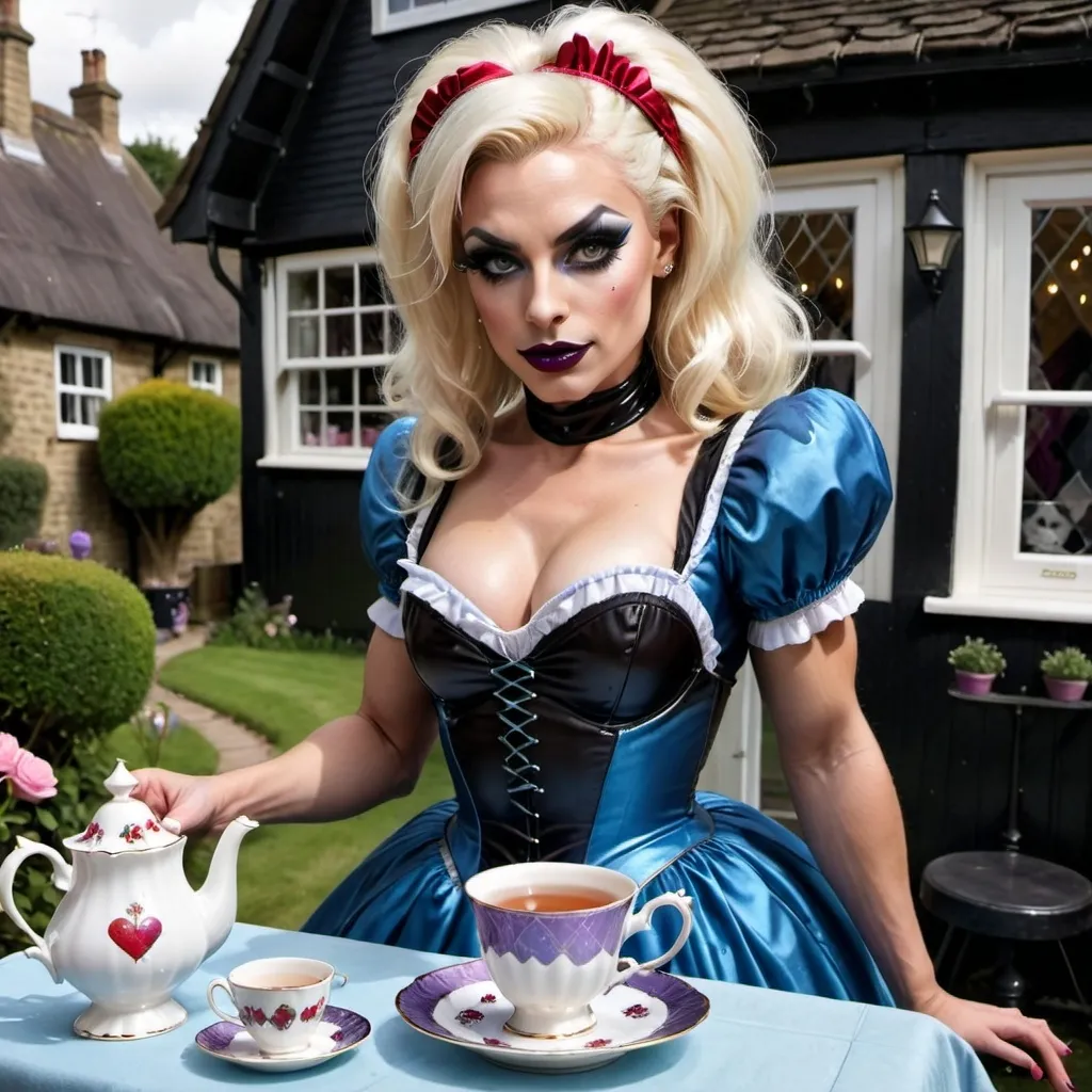 Prompt: Gorgeous ultra-muscular 25-year-old well endowed British drag queen (strong masculine jawline and brow features) with dark eyeshadow,  dark lipstick, and ridiculously short shiny platinum blonde hair dressed as Alice in Wonderland, and 8 inch stiletto high heel shoes.  Holding a cup of tea in a quaint cottage.