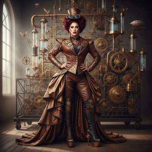 Prompt: Gorgeous, athletic, 35-year-old Romanian Steampunk drag queen, elegantly dressed in a Victorian suit adorned with leather and brass accents, 8 inch stiletto high heel shoes, standing confidently in front of a Rube Goldberg device. Her striking dark red hair framing a perfectly detailed face with mesmerizing green eyes. Emphasizing the unique clockwork gearing and vintage technology of the machine with brass copper glass tubes wires skeletal steel details, the scene illuminates with a soft daylight glow, capturing every aspect in stunning 8K resolution for an ultra-detailed experience.