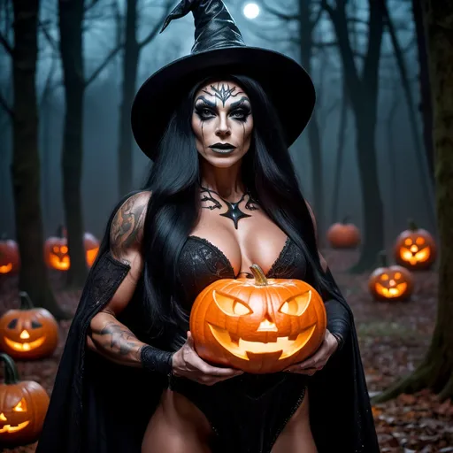 Prompt: Gorgeous ultra-muscular 25-year-old Dutch drag queen bodybuilder witch with straight shiny very long black hair holding jack-o-lantern in a spooky forest at night.