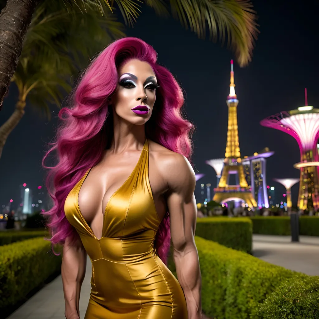 Prompt: 64k hi-res hd detailed digital photograph of a Gorgeous ultra-muscular 25-year-old French drag queen bodybuilder, ridiculously long full wavy magenta hair (((blowing in the wind))) wearing long flowing mustard patchwork dress, dark eye makeup,  dark lipstick, 8 inch stiletto high heel shoes standing in the Gardens by the Bay at night.