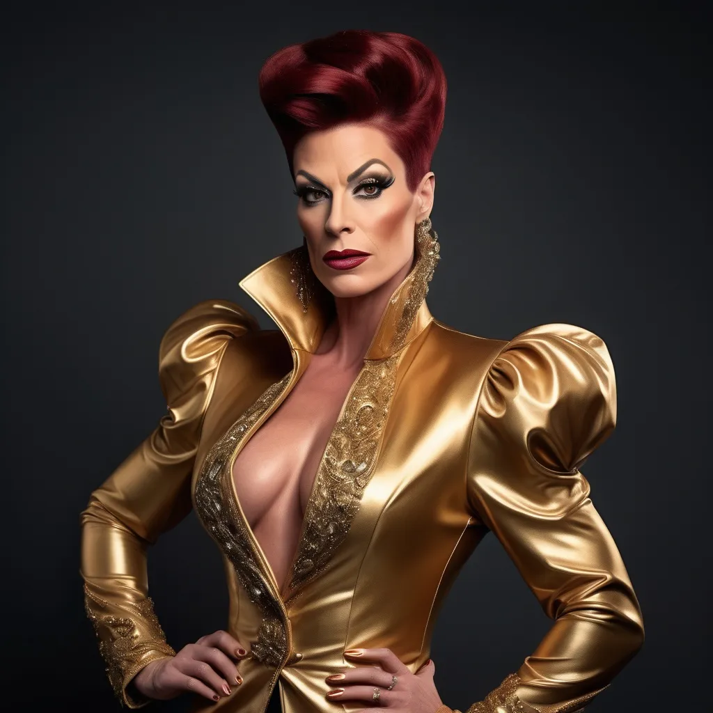 Prompt: "A gorgeous muscular German drag queen in her late thirties with striking dark red hair and light brown eyes that shimmer with a golden hue. She has a sharp, regal face and an air of authority. Known as the 'Golden Dutchess,' she is tall and muscular, exuding confidence and refinement. Dressed in a tailored noble coat with intricate detailing, she stands in a grand hall, her demeanor poised yet guarded, hinting at a troubled past beneath her polished exterior."