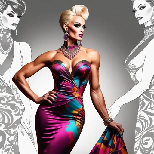 Prompt: (Gorgeous muscular 35-year-old Polish drag queen bodybuilder model) fashion illustration, high-fashion elegant silhouette, luxurious details, bold colors, (vibrant) and textural contrasts, glamorous atmosphere, chic accessories, artistic poses, soft lighting, intricate fabric patterns, high-quality rendering, dynamic composition, (modern) and sophisticated design elements, refined elegance, fashion-forward style, dramatic flair, emphasis on creativity and original design.