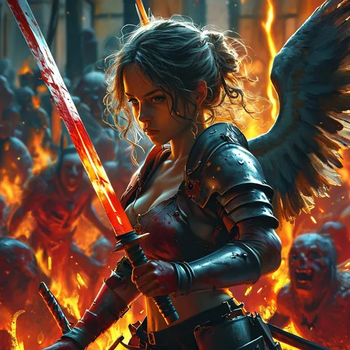 Prompt: Gorgeous angel warrior fighting her way through hell with only a large sword. Bloody demon hoard in background.