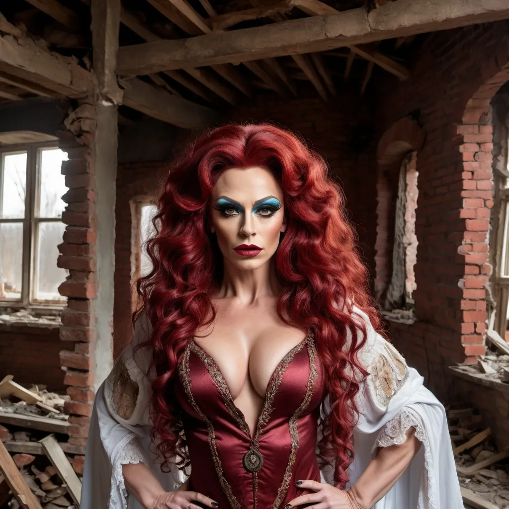 Prompt: a gorgeous muscular 35-year-old Ukrainian drag queen with long curly dark red hair and large busom, wearing traditional clothes and  standing in the middle of a broken house.