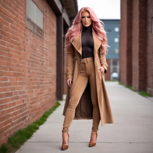 Prompt: Gorgeous ultra-muscular 25-year-old Finnish goddess bodybuilder with huge busom and ridiculously long flowing pink hair, standing in front of a brick wall wearing a long brown tweed trench coat and beige turtle neck underneath, brown corduroy pants and 8 inch stiletto high heel shoes, Christian Hilfgott Brand, dau-al-set, brown, a digital rendering