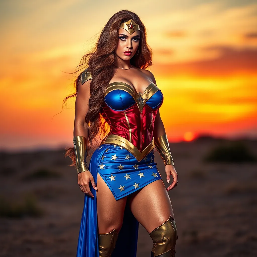 Prompt: (Gorgeous ultra-muscular Israeli drag queen bodybuilder wearing wonder woman dress and 8 inch stiletto high heel boots) age 25 years old, professional photo, vivid colors, studio lighting, hyper detailed, HDR, bokeh, long silk hair, full body, perfect anatomy, beautiful face ,Sunset background, highly realistic, ultra-detailed, 8K, high quality.