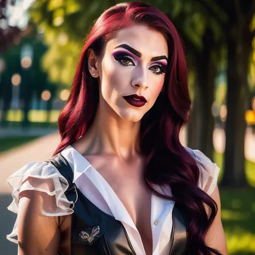 Prompt: (photorealistic), a confident, gorgeous, 
muscular 25-year-old Czechian drag queen (strong masculine facial features) with dark eyeshadow, dark lipstick, and long flowing dark red hair, walking purposefully, introducing practical studying techniques for English and German exams, vibrant outdoor setting with a beautiful park backdrop, bright sunlight illuminating her path, engaging facial expression reflecting enthusiasm, stylish casual outfit, carrying study materials, with scattered colorful notes around her, creating an inviting and motivational ambiance, high quality, ultra-detailed image.