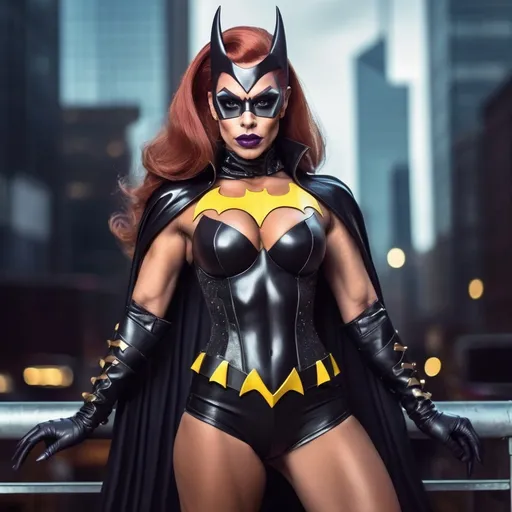 Prompt: Gorgeous muscular cyberpunk drag queen batgirl, great legs, crystal high heels,  dark lipstick.