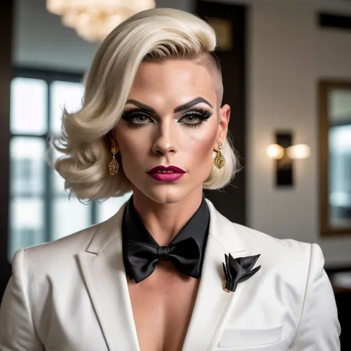 Prompt: A gorgeous muscular 35-year-old Welsh-American drag queen with combed hair and round masculine jawline; wearing a a notch lapel black tuxedo jacket, white wingtip collar tuxedo shirt, white pocket square, gold studs and cufflinks, black bow tie, black tuxedo pants, shiny black stiletto high heel shoes; in an office setting