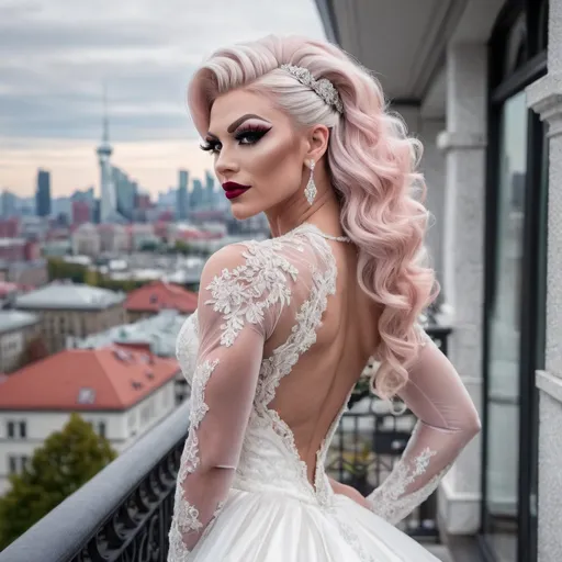 Prompt: Gorgeous ultra-muscular 25-year-old Finnish drag queen bodybuilder with ridiculously long wavy platinum pink updo hairstyle wearing an elegant white wedding dress, standing on the balcony of her luxurious mansion overlooking the city skyline. She has dark eye makeup and dark red lipstick. The gown features delicate lace detailing along its bodice and halter neckline, complemented by sheer sleeves that accentuate her figure's curves. Her pose is confident yet graceful as she gazes out at the horizon, embodying grace and elegance in timeless beauty in the style of a classic painting