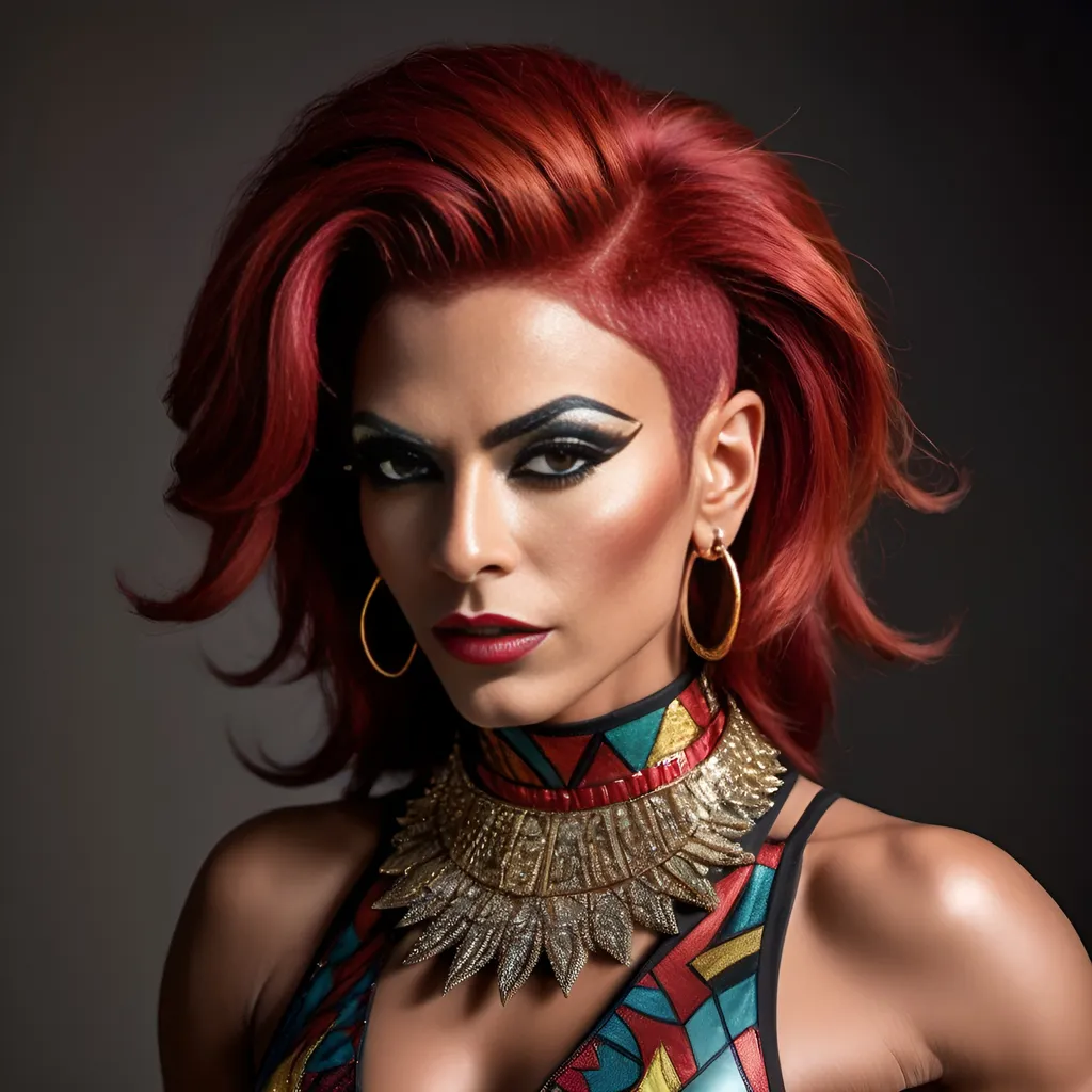 Prompt: Gorgeous muscular 35-year-old Egyptian drag queen (strong masculine jawline and brow features) with short spiky stylush red hair (Cavalli outfit), high fashion, (luxurious fabric), intricate detailing, dramatic silhouette, bold patterns, bright colors, modern and stylish, runway-ready, beautifully styled, expressive poses, atmospheric lighting, artistic composition, edgy accessories, urban chic background, (trendy environment), cinematic aesthetic, ultra-detailed, high quality, shoulder length Brunette hair.