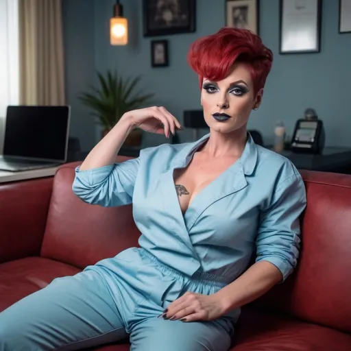 Prompt: (realism style photo), gorgeous muscular 35-year-old French drag queen surgeon with huge busom, dark eye makeup, and dark lipstick, (cool color scheme), messy pixie cut red hair, reclining on couch, wearing light blue scrubs , glaring at overhead intercom paging her back to work, personnel lounge ambiance, soft lighting, relaxed atmosphere, high detail, ultra-detailed, modern setting, refreshingly casual, (inviting and cozy) environment.