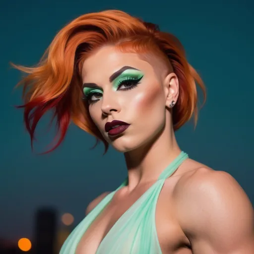 Prompt: Gorgeous ultra-muscular 25-year-old Czechian drag queen bodybuilder with short spiked swept Orange hair wearing a mint green flowy gown, dark eye shadow, heavy mascara, and dark red lipstick, staring at the stars in the sky and feeling content.