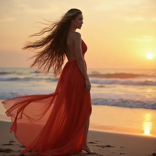 Prompt: Classy gorgeous 25-year-old Portuguese drag queen bodybuilder with huge busom, ridiculously long wavy flowing hair (((blowing in the wind))) wearing and extremely long backless sheer gown walking barefoot on the beach at sunset. Composition focus on dress.