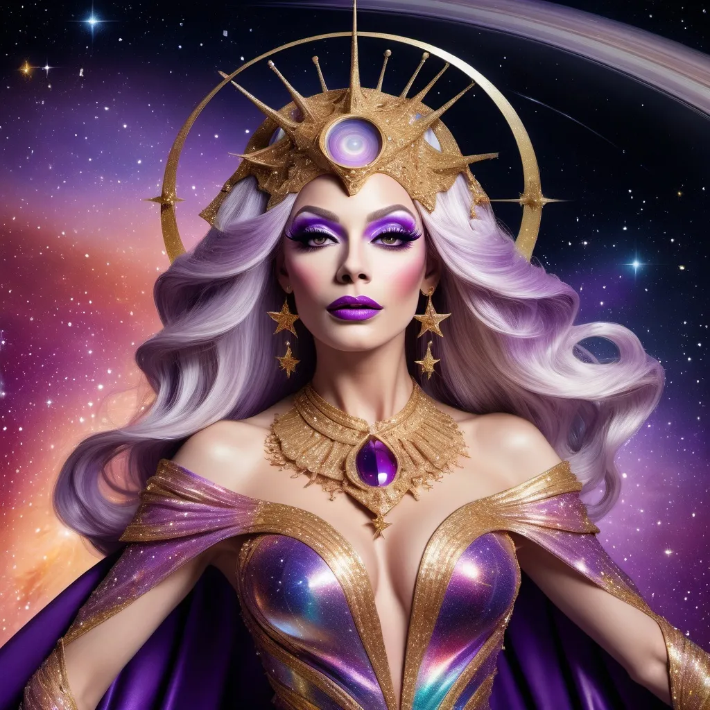 Prompt: The most beautiful drag queen on Saturn wearing the traditional Saturn dress.