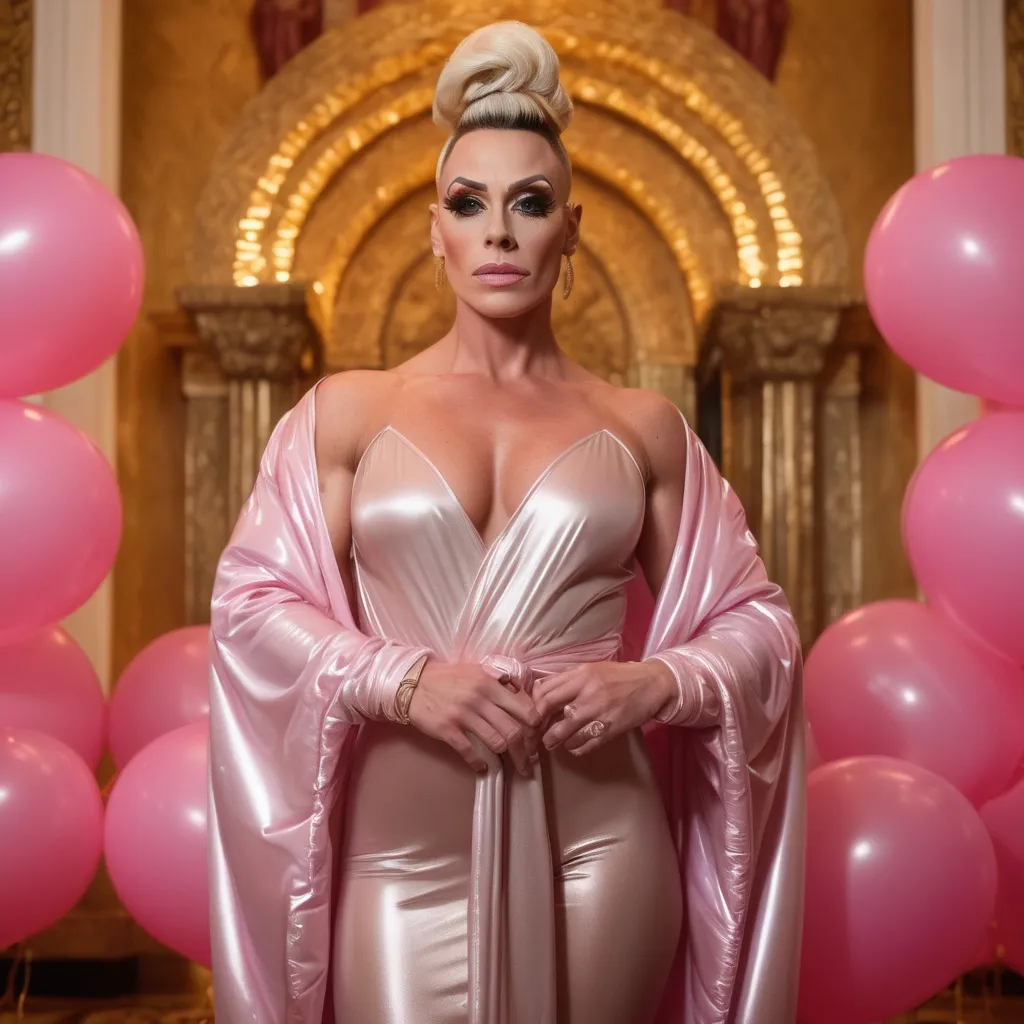 Prompt: a gorgeous muscular 35-year-old British drag queen (strong masculine jawline and brow features) wearing a wrap around robe standing on an altar in a golden decorated temple-like room, behind her are pink inflatable balloons, there is light from above and it looks like she is washed by the golden light, 