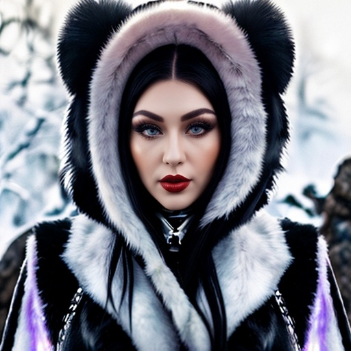 Prompt: Full Picture of winter scene, trees and rocks, with beautiful 25-year-old Siberian drag queen with white hair, dark eye shadow, dark red lipstick, white eyebrows, light skin, realistic, high quality, bright eyes, long hair, symmetrical,  wide eyes, fair, delicate, medieval, wearing a big white spotted fur coat with large unrealistically oversized fur hood, leather corset, leather pants with side laces