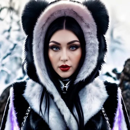 Prompt: Full Picture of winter scene, trees and rocks, with beautiful 25-year-old Siberian drag queen with white hair, dark eye shadow, dark red lipstick, white eyebrows, light skin, realistic, high quality, bright eyes, long hair, symmetrical,  wide eyes, fair, delicate, medieval, wearing a big white spotted fur coat with large unrealistically oversized fur hood, leather corset, leather pants with side laces