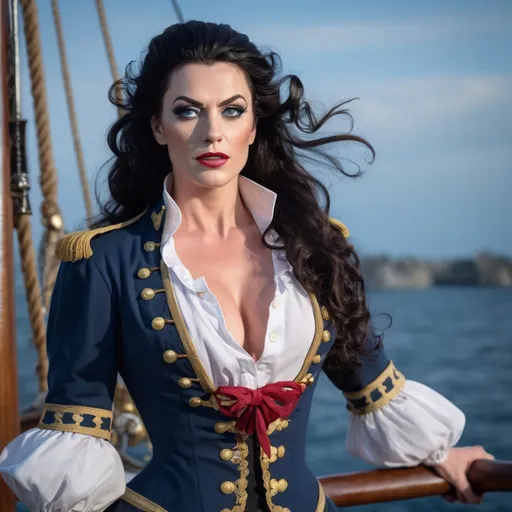 Prompt:  Gorgeous muscular 35-year-old French drag queen Pirate (strong masculine jawline and brow facial features) with long curly black hair and big busom, detailed clothing, realistic, natural lighting, shiny black hair in a ponytail, pale blue eyes, Revolutionary Era Naval Uniform, standing on the deck of a galleon, moonlight mid-battle, dramatic lighting, dynamic and intense atmosphere, moon casting silver tones, ocean waves crashing, cannons firing, ultra-detailed, cinematic masterpiece.