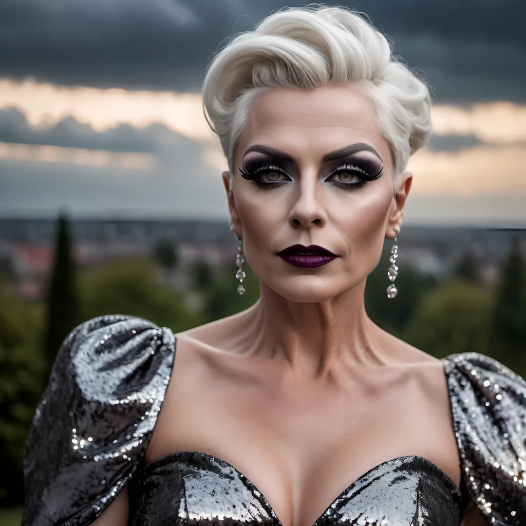 Prompt: Gorgeous muscular 45-year-old Czechian drag queen with short white tight updo hair, dark eyeshadow and dark lipstick, long flowing sequined gown, romantic outdoor setting, dramatic sky, An ultra-realistic photograph captured with a Sony α7 III camera, equipped with an 85mm lens at F 1.2 aperture setting,  The image, shot in high resolution and a 16:9 aspect ratio, captures the subject’s natural beauty and personality with stunning realism –ar 16:9 –v 5.2 –style raw