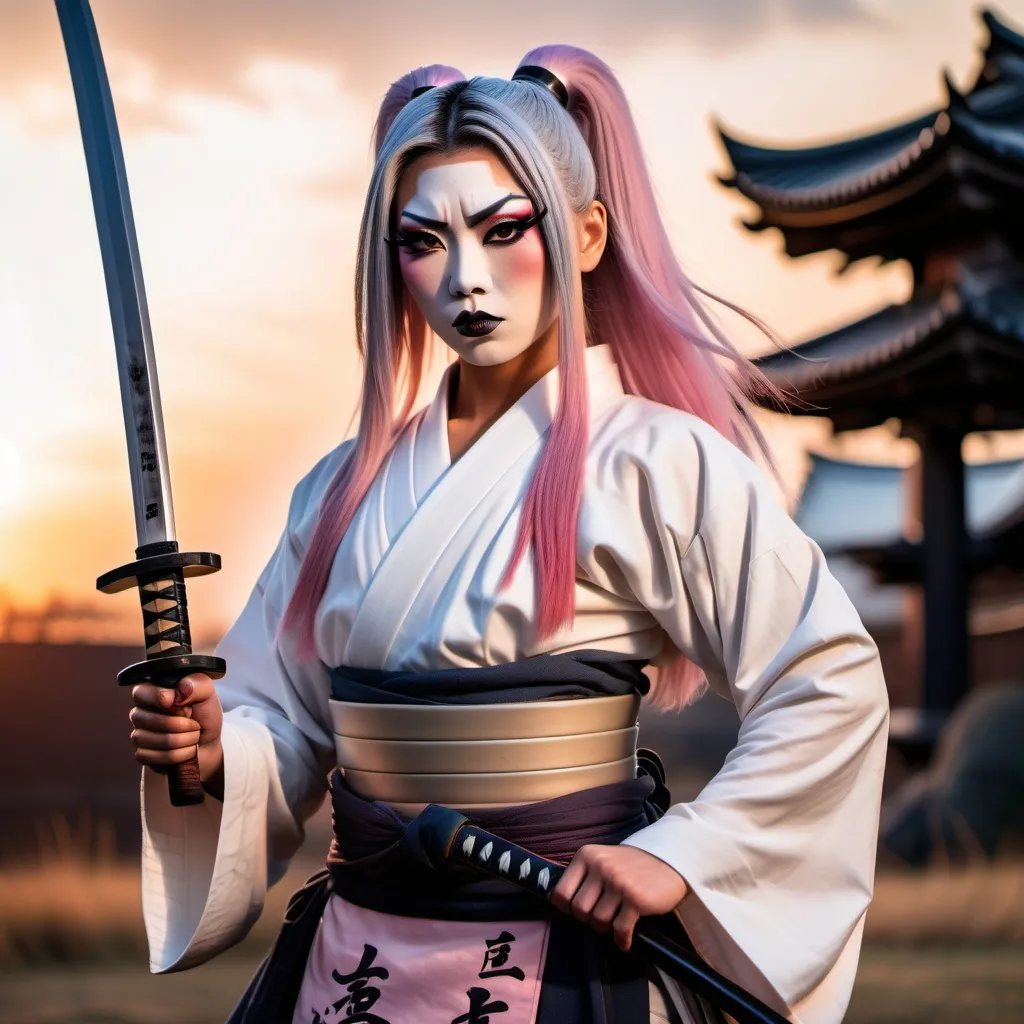 Prompt: A gorgeous muscular 21-year-old Japanese drag queen Samurai (dark eye makeup, dark lipstick, big busom, and platinum pink hair) wearing a traditional ancient Samurai yoroi and holding a katana in one hand, standing in a battle stance. 13th century Japan at sunset.