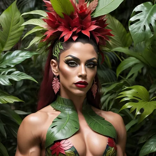 Prompt: Gorgeous ultra-muscular 25-year-old Spanish drag queen bodybuilder (floral warrior elegance:1.2), (best quality:1.1), leafy environment, cinematic capture, 4k UHD resolution, (Amazonian Leaf Royalty:1.3), standing tall amidst foliage, leaf-patterned attire with intricate floral embellishments, (delicate leaf and floral accents:1.2), nature-inspired accessories, dark red lips, dark red eye shadow, ambient sunlight filtering through leaves, (soft natural glow:1.15), atmospheric jungle setting, sophisticated leafy warrior elegance with a sensual touch