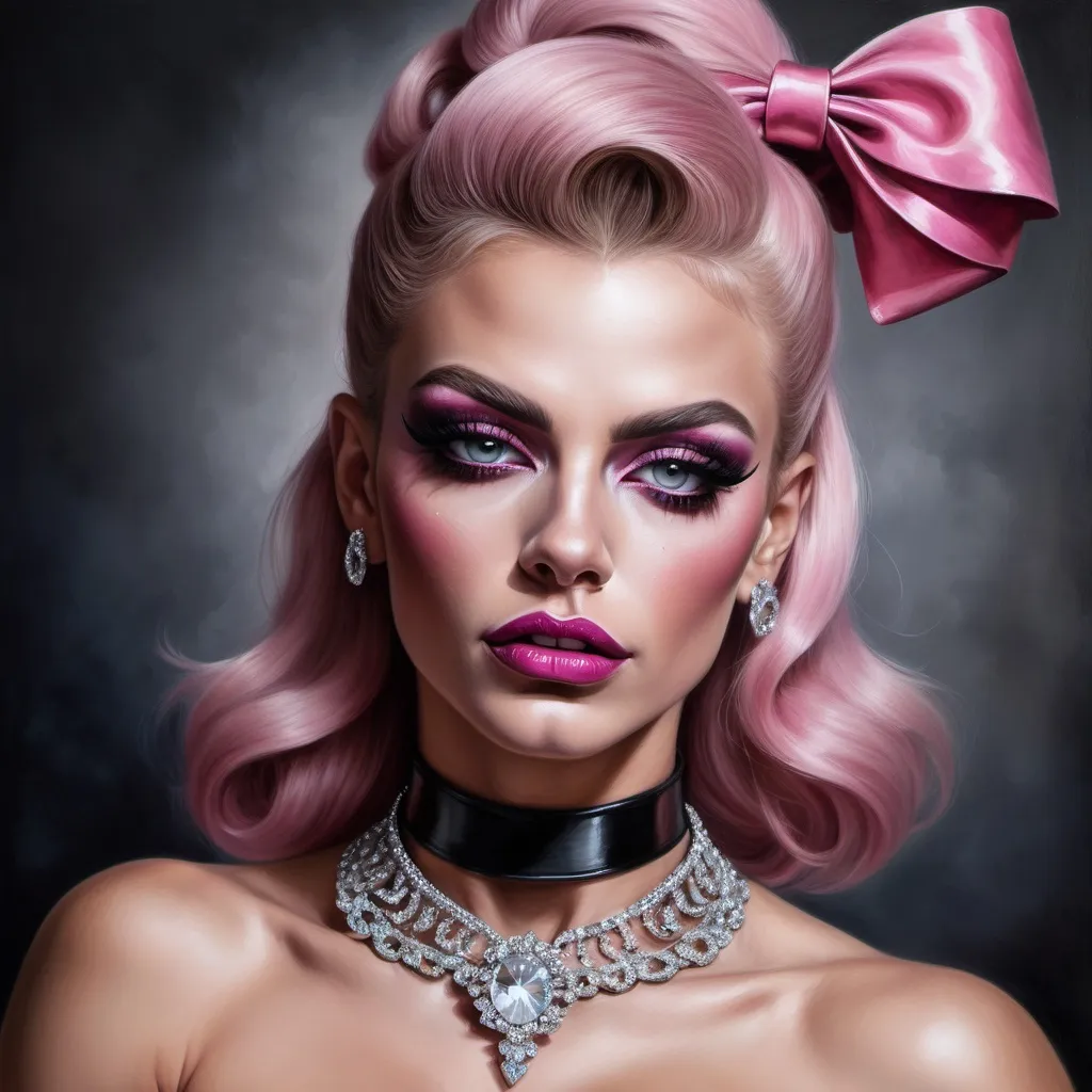 Prompt: a painting of a gorgeous muscular 25-year-old Polish drag queen with strong masculine facial features, dark eyeshadow and dark lipstick, wearing a diamond choker around her neck and a pink bow on her hair, Edwin Georgi, photorealism, highly detailed digital painting, a photorealistic painting