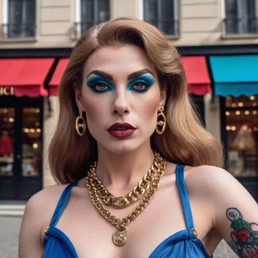 Prompt: A gorgeous muscular 25-year-old French drag queen Instagram influencer with medium busom, dark blonde hair, darkeyeshadow,  heavy mascara, and dark lipstick, blue eyes, photoshoot. in a outdoor fancy area. background Gucci store. 

photorealistic, (realistic skin texture)
high dynamic range.