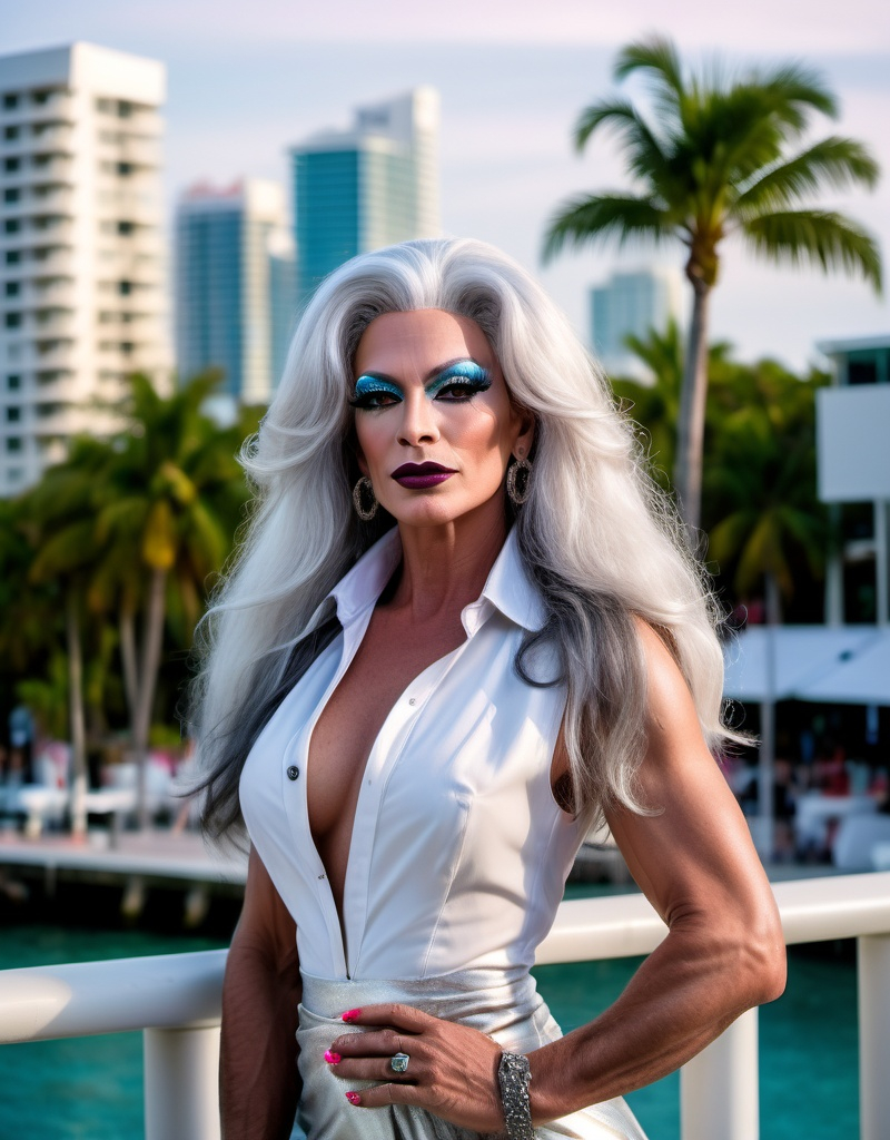 Prompt: Gorgeous, masculine, 45-year-old French drag queen with long silver hair wearing a mix of men's and women's clothes. 8 inch stiletto high heel shoes.  Dark eye makeup and dark lipstick.  Location: South Beach Miami.