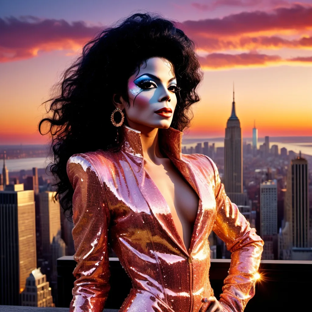 Prompt: Michael Jackson  dressed as a 25-year-old gorgeous drag queen Dolly Parton posing on the ledge of a building, high above NYC.