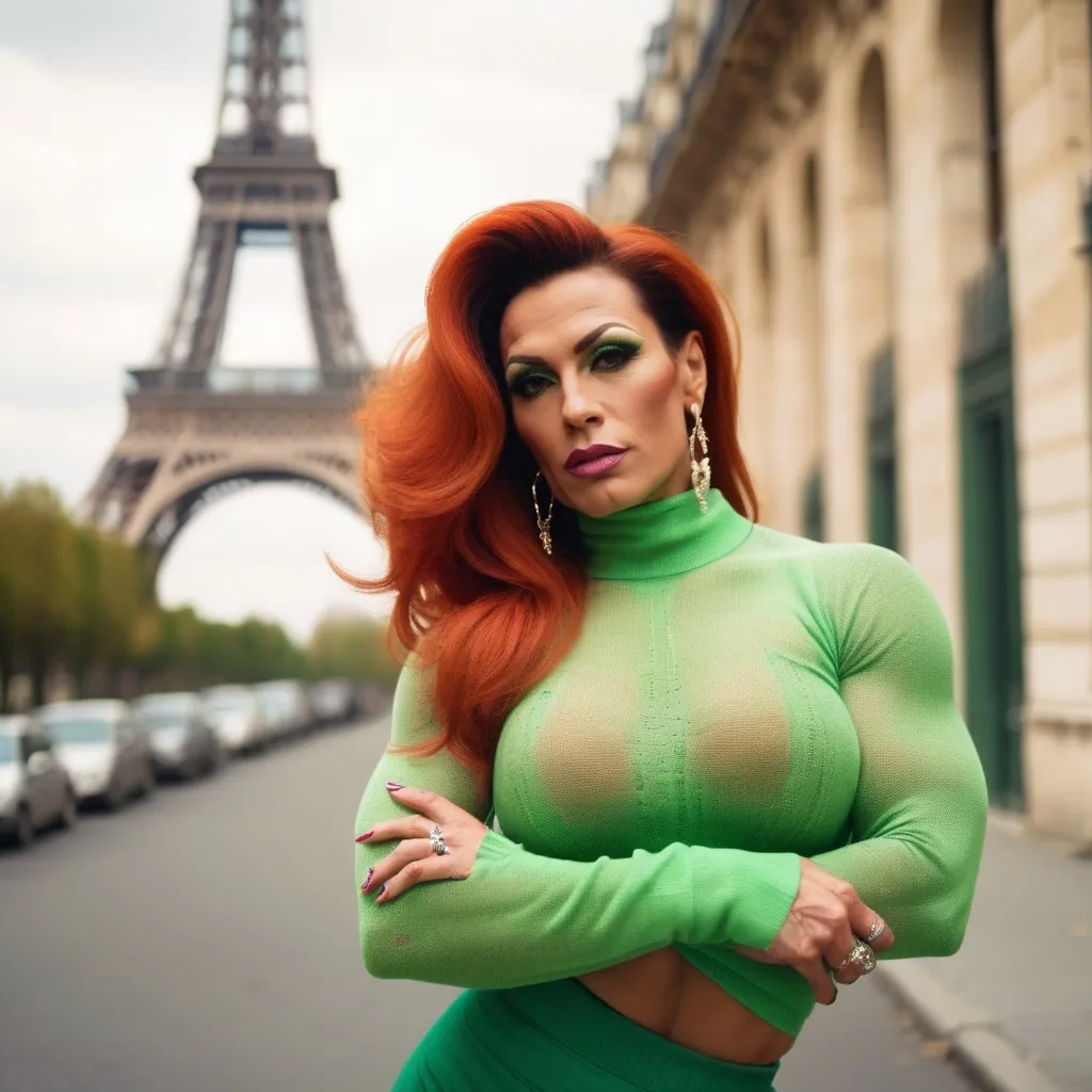 Prompt: Glamour photography of a Gorgeous muscular 35-year-old Romanian drag queen bodybuilder, with large busom,in paris in the style of Guy Aroch, green transparent  sweater, skirt, exaggrate long earrings