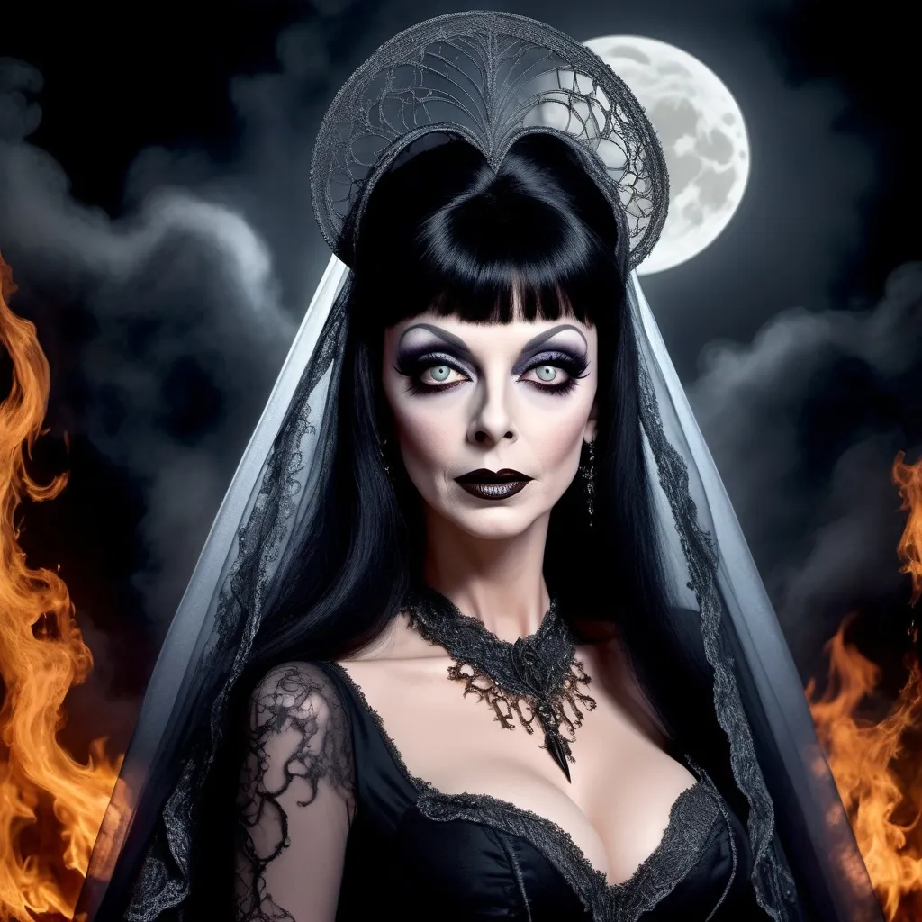 Prompt: (Don Knotts) Elvira, enchanting transformation, black and silver Versacedesigner dress, dark glamorous colors, dark spooky ambiance, moonlit background, fire and dark magical elements, (dramatic) lighting, exquisitely detailed facial features, captivating expression, veil and tiara, HD, ultra-detailed, contemporary art style with a gothic twist.