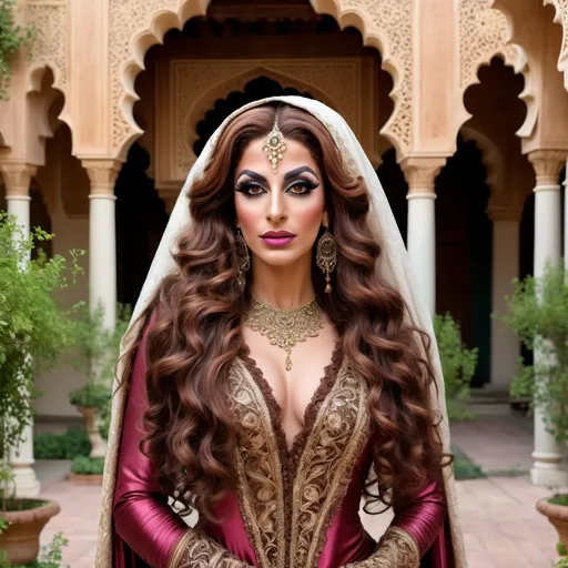 Prompt: A realistic photograph of A gorgeous  muscular  25-year-old  Arabic drag queen  dressed up as a 17 century Islamic Mughal court dancer Laila with long curly brown hair wearing dupatta in the courtyard garden  