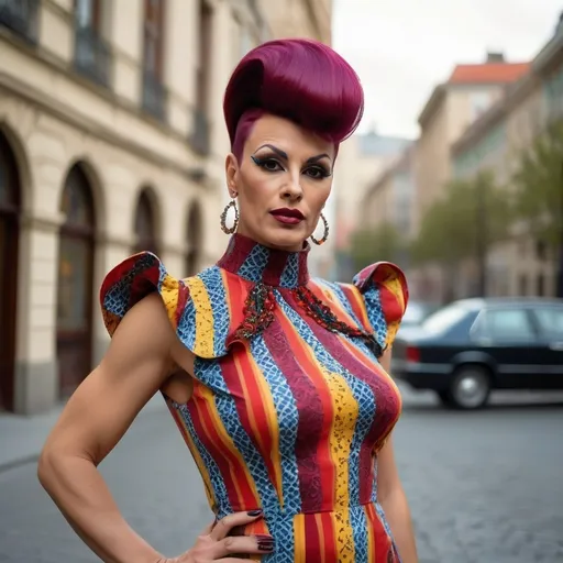Prompt: Gorgeous muscular 35-year-old Hungarian drag queen,  with big busom and burgundy lipstick, wearing a 1968 Mary Quant minidress, iconic design, vibrant colors, large bold patterns, dynamic silhouette, stylish and avant-garde, captured in a chic urban setting, soft sunlight enhancing the dress, playful and nostalgic atmosphere, showcasing fashion evolution, high detail and clarity, captivating mood, nostalgic trends from the era, ultra-detailed.