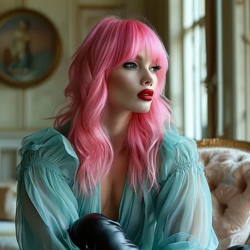 Prompt: photorealistic, (introspective) gorgeous Swedish drag queen with pink longbob seated in (thinker pose), dark eyeshadow abd dark red lipstick, muscular physique, black capi pants and wrap around teal blouse, soft natural lighting, warm tones, delicate shadows enhancing features, comfortable room ambiance, modern interior with minimalistic decor, inviting atmosphere, high resolution, ultra-detailed image, emphasizing deep thought and contemplation.