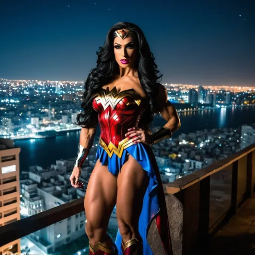 Prompt: Gorgeous ultra-muscular 25-year-old Israeli drag queen bodybuilder with huge busom and long flowing black hair, dressed as Wonder Woman (DC Comics Character), standing on the ledge of a building at night.