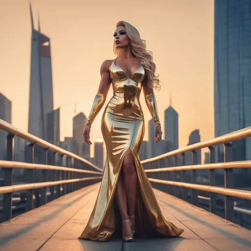 Prompt: A gorgeous muscular 25-year-old Slovenian drag queen bodybuilder in a shiny gold dress walking across a bridge in front of a city skyline with skyscrapers at sunset, Alena Aenami, retrofuturism, synthwave style, cyberpunk art