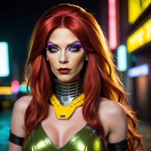 Prompt: A realistic looking photograph of A Drag queen version of April O'Neil from the Ninja Turtles, she has cybernetic upgrades to her neck and body including wires, metal circuits and neon yellow lights, she has long red hair, dark eyeshadow and dark lipstick, she is attractive, she looks like she is street smart