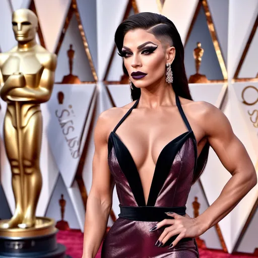 Prompt: Gorgeous thicc muscular 25-year-old Slovenian drag queen (very strong masculine jawline and brow features) with large busom wearing a beautiful stylish multi-fabric gown with long train, 8 inch stiletto high heel shoes.  Dark eyeshadow and dark lipstick. Walking the red carpet at the Oscars.