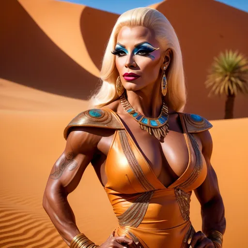 Prompt: The most beautiful drag queen bodybuilder on Tatooine wearing the traditional Tatooine dress.