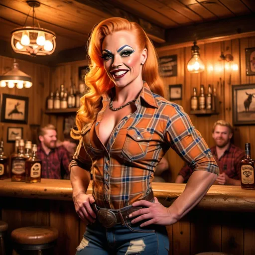 Prompt: Gorgeous (ultra-muscular) 25-year-old Norwegian drag queen bodybuilder with waist-length (dark orange) hair, wearing a flannel shirt, standing in a vibrant western saloon, serving whiskey to a cheerful drunken cattleman, engaging in lively conversation. (Warm, rustic tones), illuminated by dramatic lighting, detailed wooden decor, and classic saloon elements, depicting an energetic and entertaining atmosphere. High-quality (4K), ultra-detailed environment.